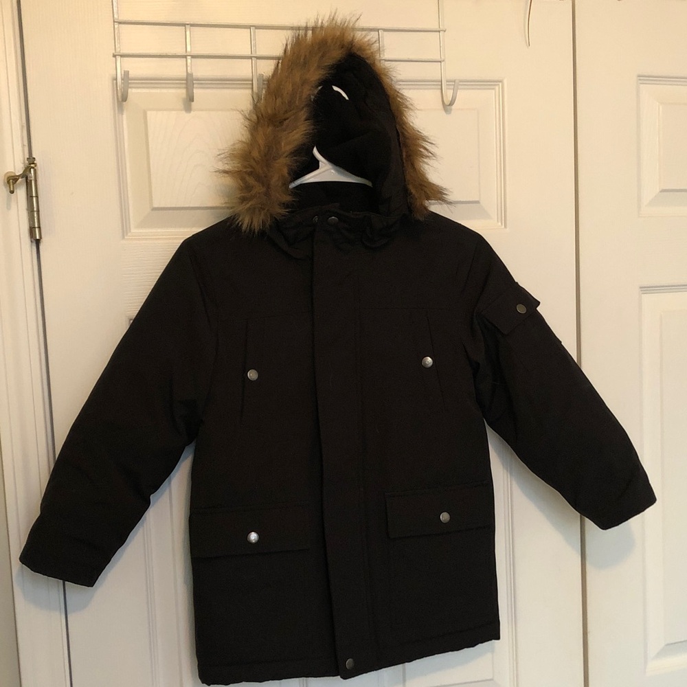 Swiss Tech Kids Black Puffer Coat with Faux Fur Trim